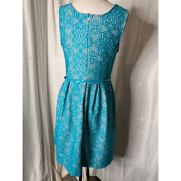George Women's Teal Lace Dress With Belt  Size L Midi Summer - Picture 8 of 13